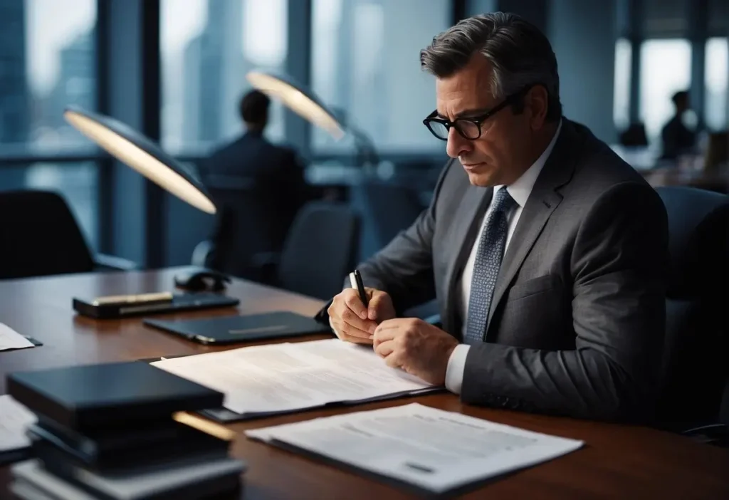 Antitrust Lawyer: Navigating Competition Law in 2024 2 An antitrust lawyer reviewing legal documents in a modern office setting