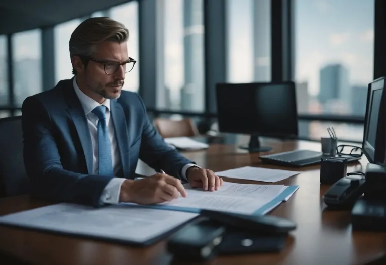 Employment Contract Lawyer: Protecting Your Work Rights 2024 1 A lawyer reviewing an employment contract with a client in a modern office setting, surrounded by legal documents and a computer
