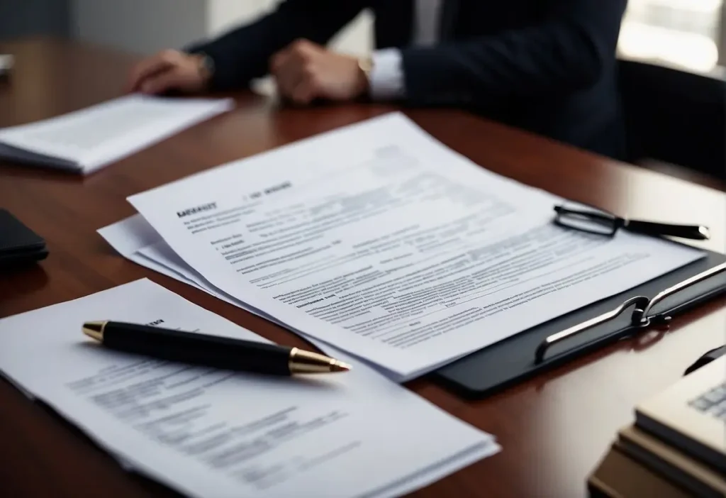 Employment Contract Lawyer: Protecting Your Work Rights 2024 3 An employment contract being reviewed by a lawyer, with a desk, chair, and documents spread out