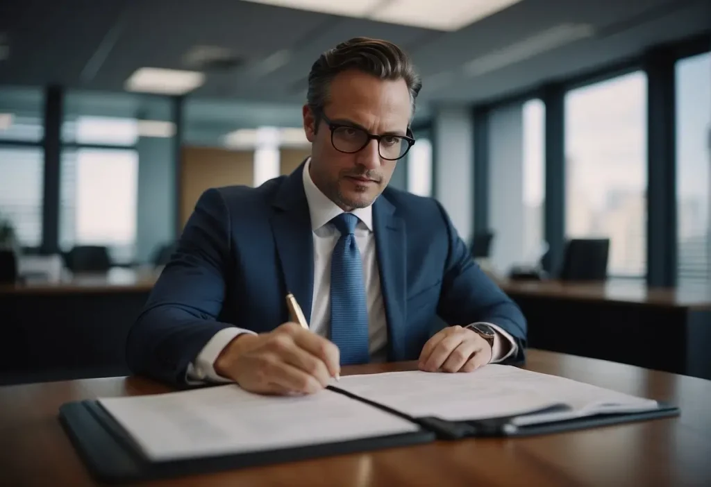 Commercial Real Estate Lawyer: Legal Landscapes 2024 2 A commercial real estate lawyer reviewing contracts and documents in a modern office setting