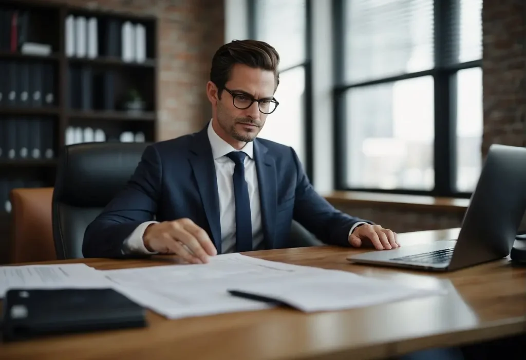Commercial Real Estate Lawyer: Legal Landscapes 2024 3 A commercial real estate lawyer reviewing contracts and documents in a modern office setting, with a stack of papers and a computer on the desk