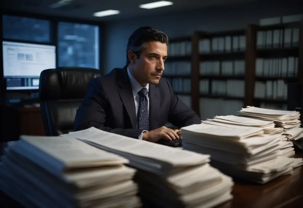 Criminal Immigration Lawyer: Legal Support and Advocacy 2024 2 A criminal immigration lawyer stands in a dimly lit office, surrounded by stacks of legal documents and a computer screen displaying a complex immigration case