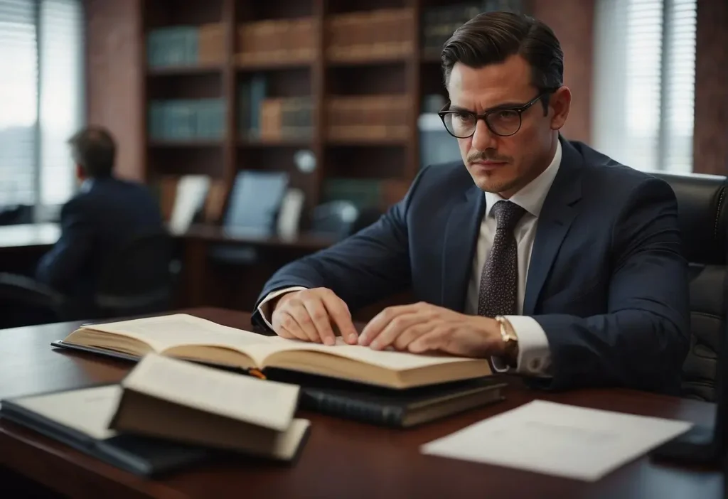Criminal Immigration Lawyer: Legal Support and Advocacy 2024 3 A criminal immigration lawyer studying law books and consulting with clients in a busy office