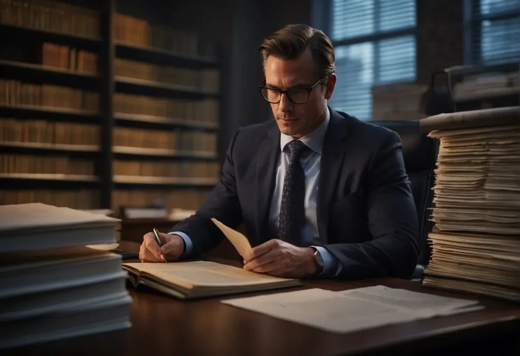 Paternity Lawyer: The Right Advocate for Your Family 2024 2 A paternity lawyer reviewing legal documents in a dimly lit office, surrounded by stacks of case files and law books