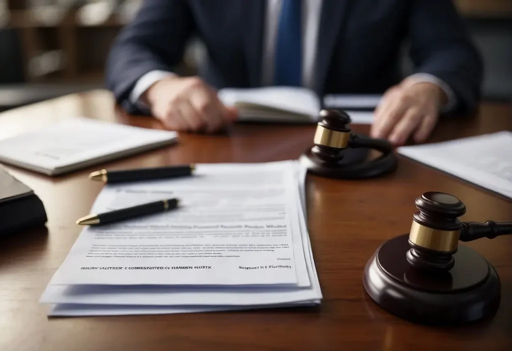 Injury Work Lawyer: Ally in Workplace Accident Claims 2024 4 A lawyer negotiates a settlement for a work injury claim. Papers are spread across a desk, with a scale symbolizing fair compensation