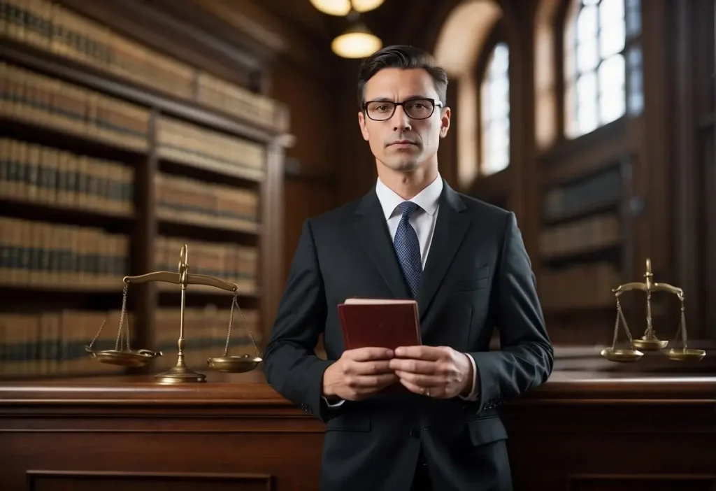 Gun Rights Lawyer: Ally in Second Amendment Advocacy 2024 2 A lawyer confidently stands in a courtroom, surrounded by law books and legal documents. The lawyer is holding a scale of justice and a firearm, symbolizing the defense of gun rights