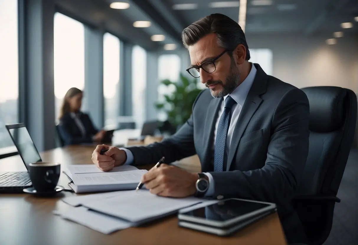 Construction Defect Lawyer: Navigating Claims with Ease 2024 2 A construction defect lawyer reviewing legal documents and blueprints in a cluttered office, with a scale model of a building and a stack of law books on the desk