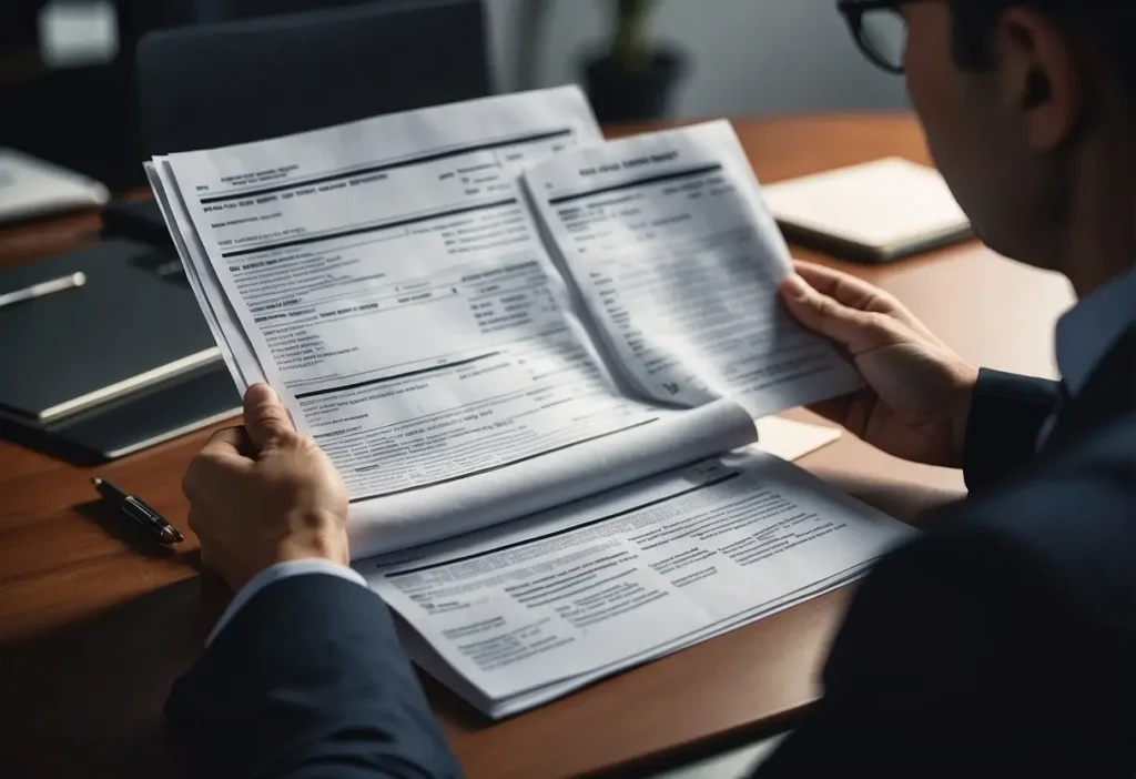 Credit Report Lawyer: Your Ally in Credit Repair in 2024 3 A lawyer reviewing a credit report, surrounded by legal documents and statutes, in a professional office setting