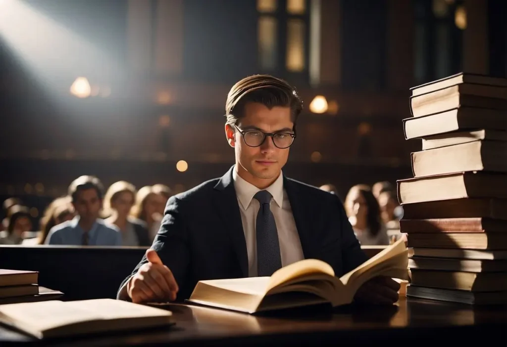 Law School Newbie Guide: Navigating Your First Year in 2024 2 A law school newbie eagerly listens to a lecture, surrounded by towering stacks of legal textbooks and highlighted notes