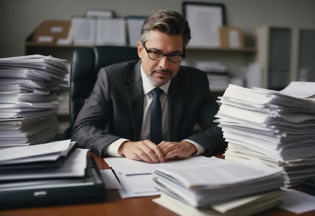 Unemployment Lawyer: Navigating Job Loss Legalities 2024 4 An unemployment lawyer reviewing documents in a cluttered office, with a stack of files and a computer on the desk