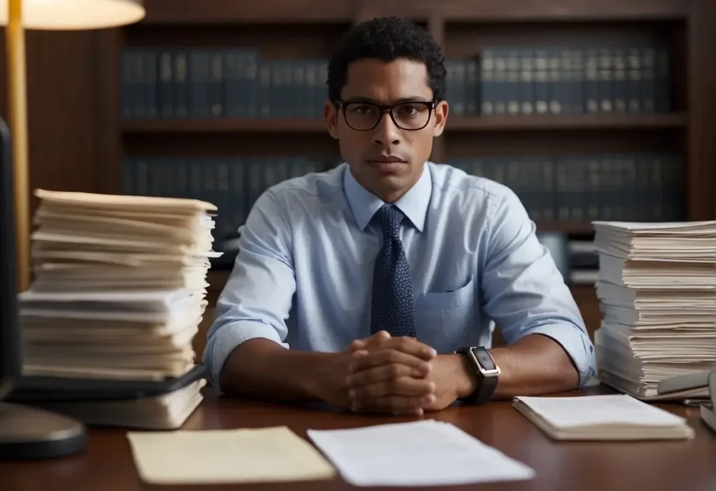 Unemployment Lawyer: Navigating Job Loss Legalities 2024 2 A person sitting at a desk, surrounded by legal documents and a computer, with a determined expression while reading through unemployment law regulations
