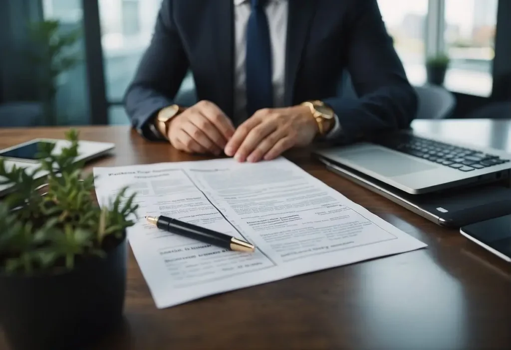 Commercial Lease Lawyer: Contracts for Business Success 2024 3 A commercial lease lawyer reviewing key points in a modern office space. Documents and a laptop are spread out on a sleek desk